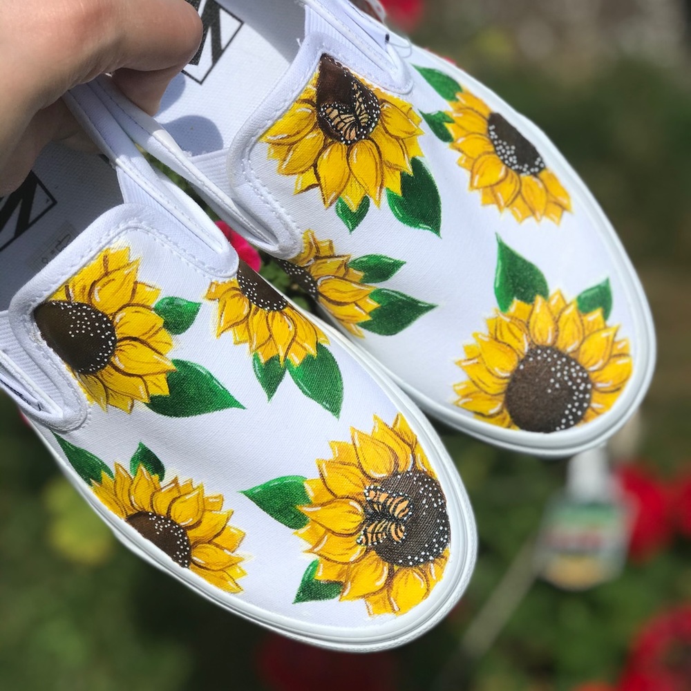 Custom Sunflower with BUTTERFLIES slip on vans